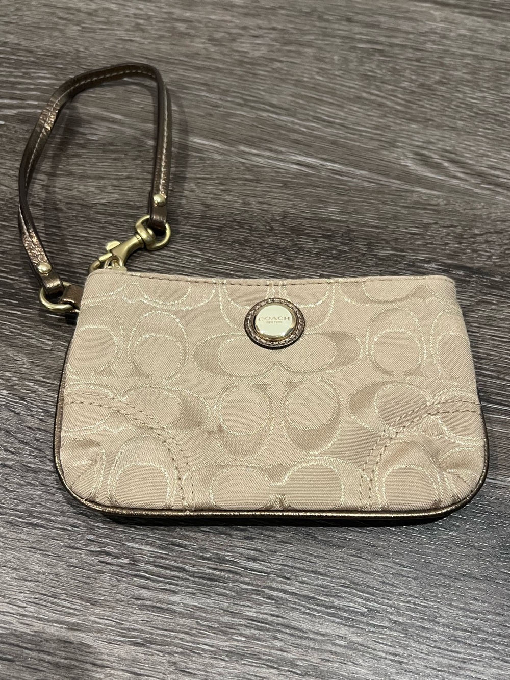 Coach in Metallic Gold & Beige Signature Canvas Wristlet with Gold Medallion